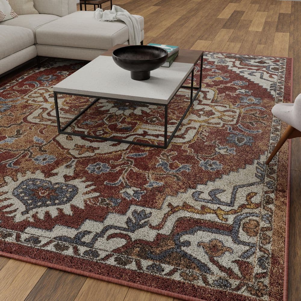Oriental-Inspired Orange Watercolor 6' x 9' Synthetic Area Rug