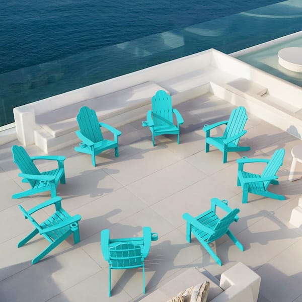 LUE BONA Recycled Aruba Blue HDPS Folding Plastic Adirondack Chair Weather Resistant Patio Plastic Fire Pit Chairs(Set of 8)