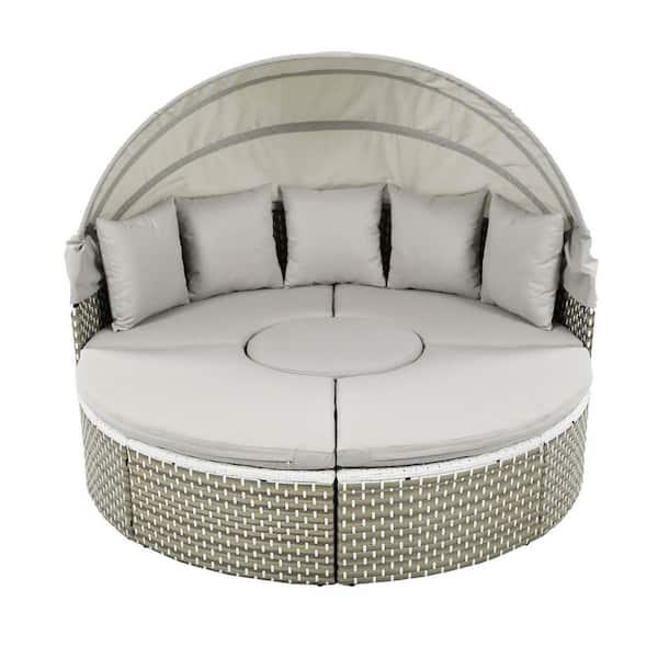 Tenleaf Gray Wicker Outdoor Day Bed with Gray Removable Cushions, Retractable Canopy, Separate Seating