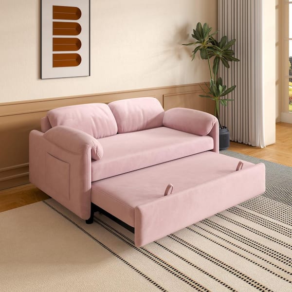 Z-joyee 54 in. Pink Velvet Twin Size Retractable Sofa Bed P 