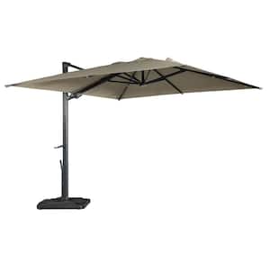 10 ft. Square Aluminum Cantilever Outdoor Tilt Patio Umbrella in Taupe with LED Light Base Weight Stand