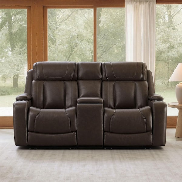 Ziva 74.41 in. Dark Brown Triple Motor Square Arm Rectangle Leather Reclining Sofa with Power Headrest, Lumbar & Console