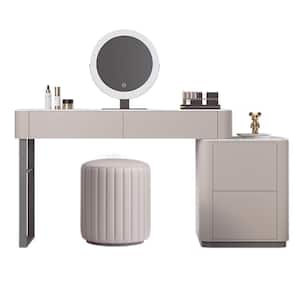 39.4 inch Light Gray 2 Drawer Dresser with Mirror, Side Cabinet and Round Chair
