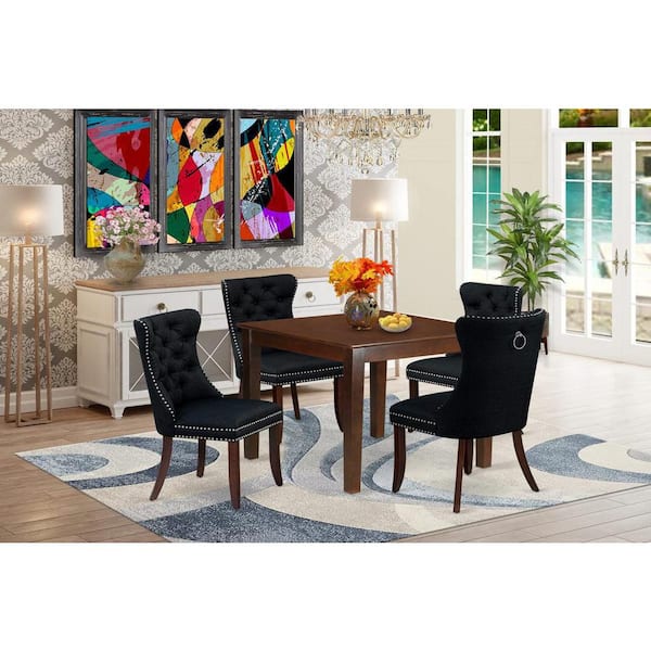 East West Furniture 5-Piece Mahogany Finish Solid Wood Top - Square Upholstered Dining Room Set - Seats 4