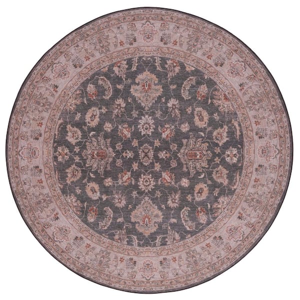 SAFAVIEH Tucson Dark Gray/Beige 6 ft. x 6 ft. Machine Washable Border Floral Round Area Rug