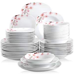 48-Piece Pink Floral Ivory White Porcelain Dinnerware (Set Service for 12)