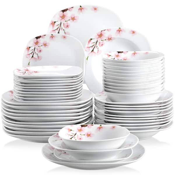 VEWEET 48-Piece Pink Floral Ivory White Porcelain Dinnerware (Set Service for 12)