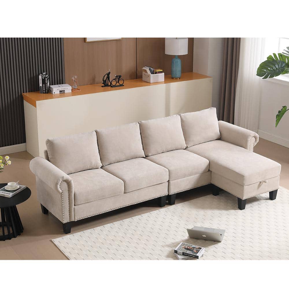 L-shaped Wood Outdoor Sectional Sofa with Storage, 4-Seater Modern Linen Fa