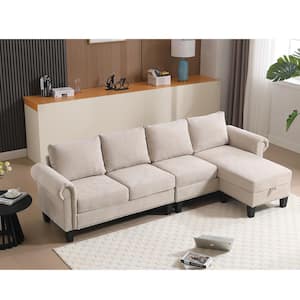 L-shaped Wood Outdoor Sectional Sofa with Storage, 4-Seater Modern Linen Fabric Sofa with Beige Cushions for Living Room