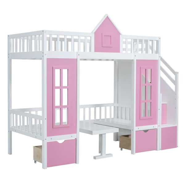 Harper & Bright Designs Pink Twin Over Twin Bunk Bed with 