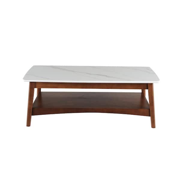 Unbranded 48.03 in. Mid-Century White Rectangle Sintered Stone Top Coffee Table with Storage Tray