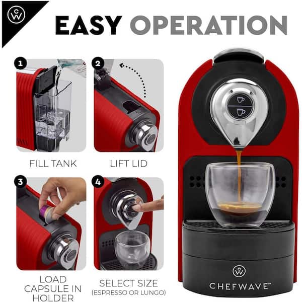 ChefWave Espresso Machine for use with Nespresso Capsules (Red), Holder and  Cups 