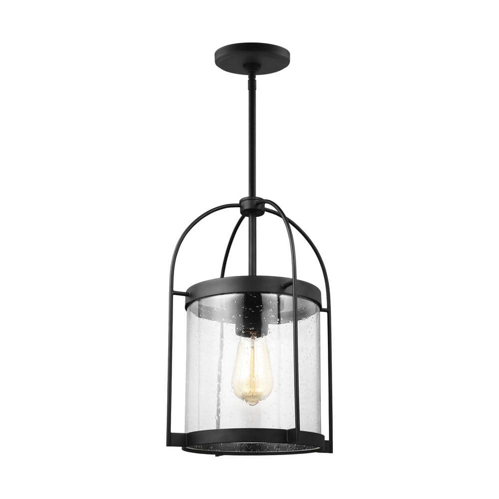 Kenny 16'' Matte Black Steel Globe Pendant with Clear Seeded Glass