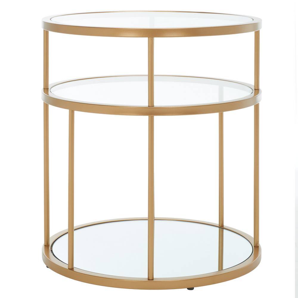 Gold and Clear Round Metal Glass Accent Table with Shelves