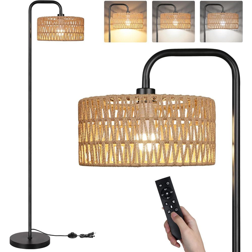 68 in. Black 1-light Dimmable Standard Farmhouse Floor Lamp with Rattan Sha