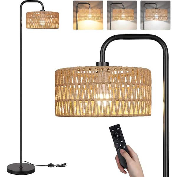 ARISKEEN 68 in. Black 1-light Dimmable Standard Farmhouse Floor Lamp with Rattan Shades with Remote 3 Color Temperatures