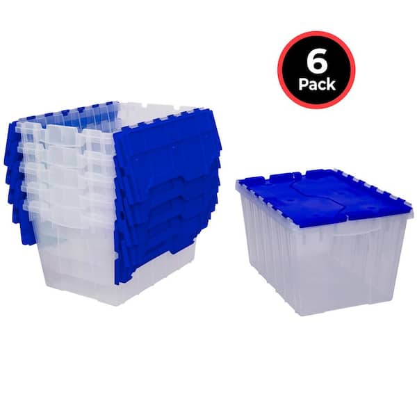 KeepBox 12-Gal Storage Tote, Stackable with Attached Lid, 21.5 in. x 15 in. x 12.5 in., Clear/Blue, 6-Pack