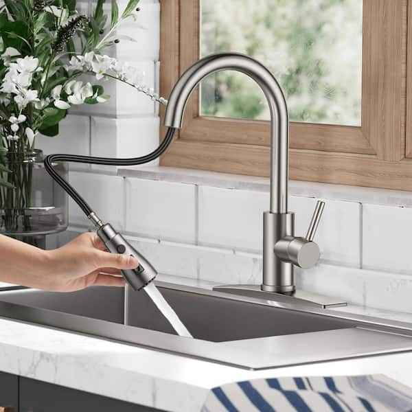 Single-Handle Kitchen Faucet with Pull Down Sprayer High-Arc Kitchen Sink Faucet with Deck Plate in Brushed Nickel