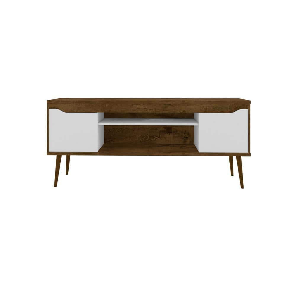 Rustic Brown and White Solid Wood 63" TV Stand with Cabinet Storage