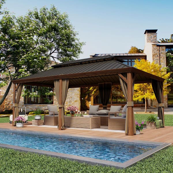 12 ft. x 20 ft. Aluminum Wood-Grain Frame Hardtop Gazebo Double Iron Roof Gazebo with Mesh and Curtains