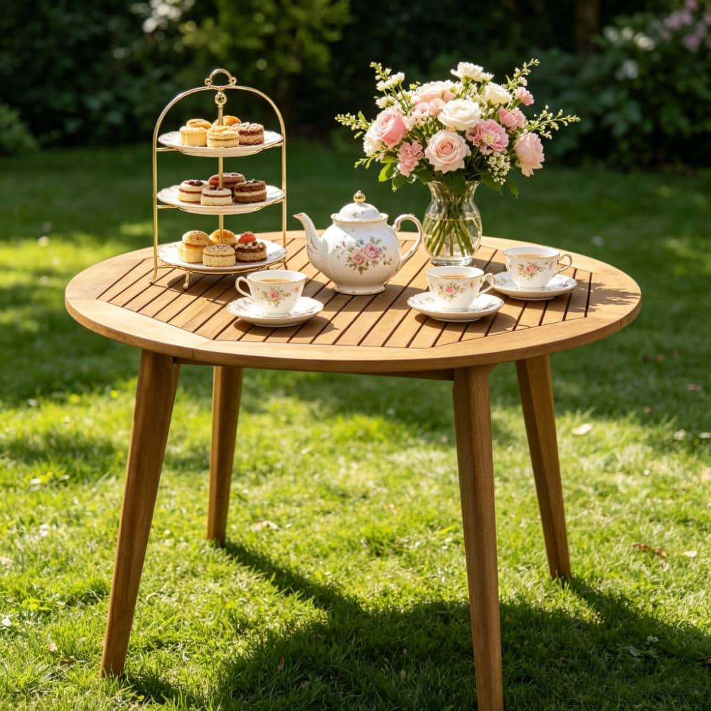 "47.25"" Round Acacia Wood Dining Table Teak Finish, Modern Slatted Top, Indoor Outdoor Weather Resistant Patio Table" price history on PriceWatchPro
