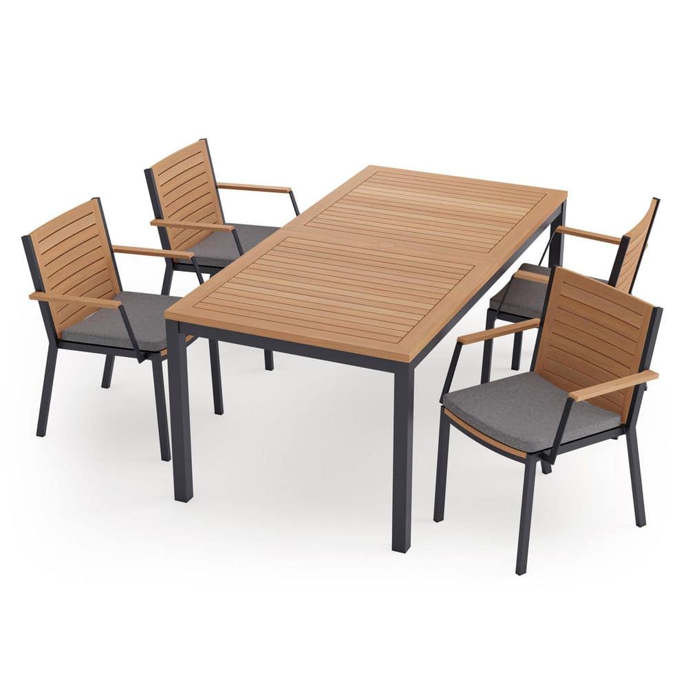 Monterey 5 Piece Aluminum Teak Outdoor Patio Dining Set in Cast Slate Cushions with 72 in. Table -  NewAge Products, 91182