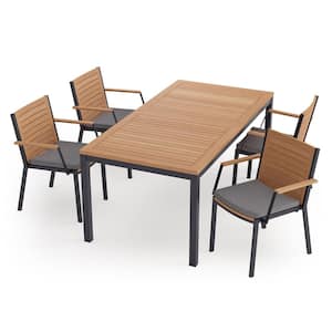 Monterey 5 Piece Aluminum Teak Outdoor Patio Dining Set in Cast Slate Cushions with 72 in. Table