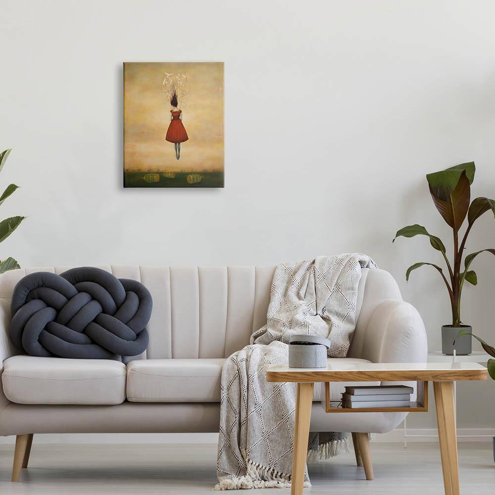 16" x 20" Red Dress Woman with Birds Canvas Art