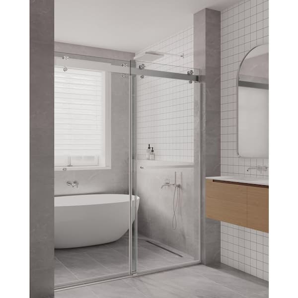SP Series 56"-60"W x 77"H Contemporary Frameless Double Sliding Shower Door With 3/8" Tempered Glass In Brushed Nickel