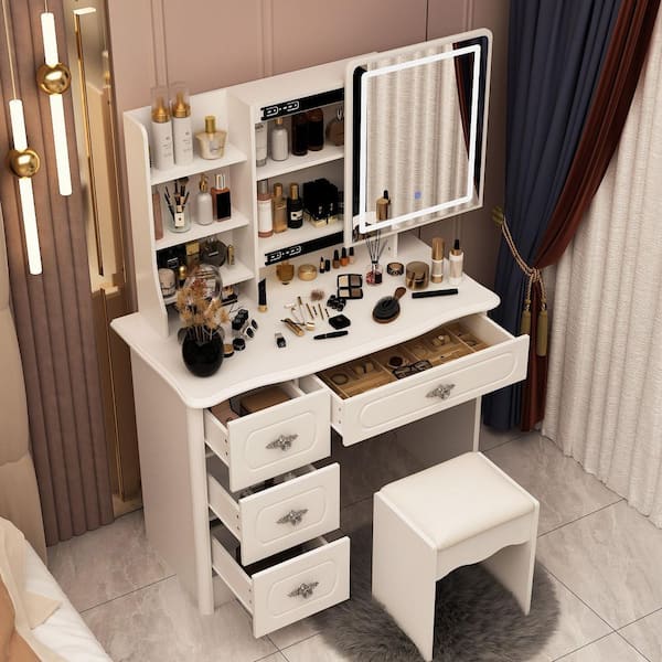 Makeup Vanity Desk with Lights, 3 Lighting Colors, White Vanity Set Makeup  Table with 3 Drawers, 2 Cabinets and Multiple Shelves, Large Vanity