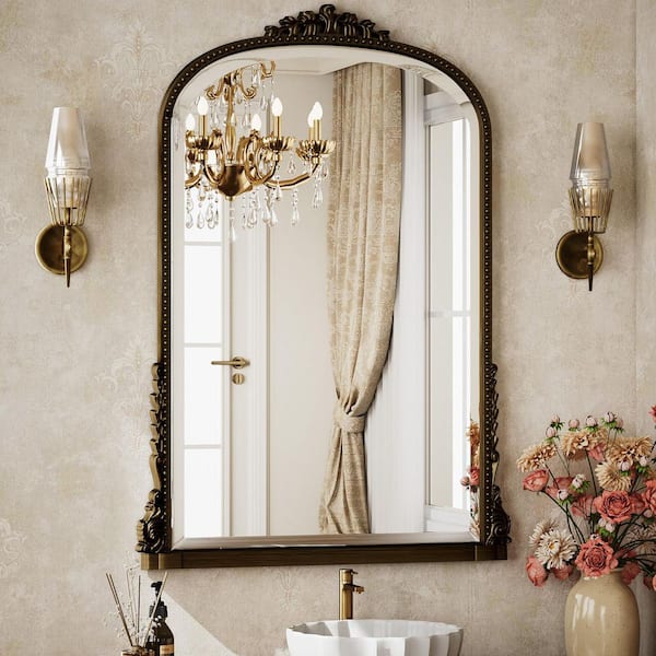 XRAMFY Antique Bronze 28 in. W x 40 in. H Arched Modern Polyurethane Framed with Decoration Antique Vanity Mirror Wall Mirror