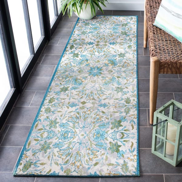 Barbados Ivory/Light Blue 3 ft. x 8 ft. Floral Medallion Indoor/Outdoor Runner Rug