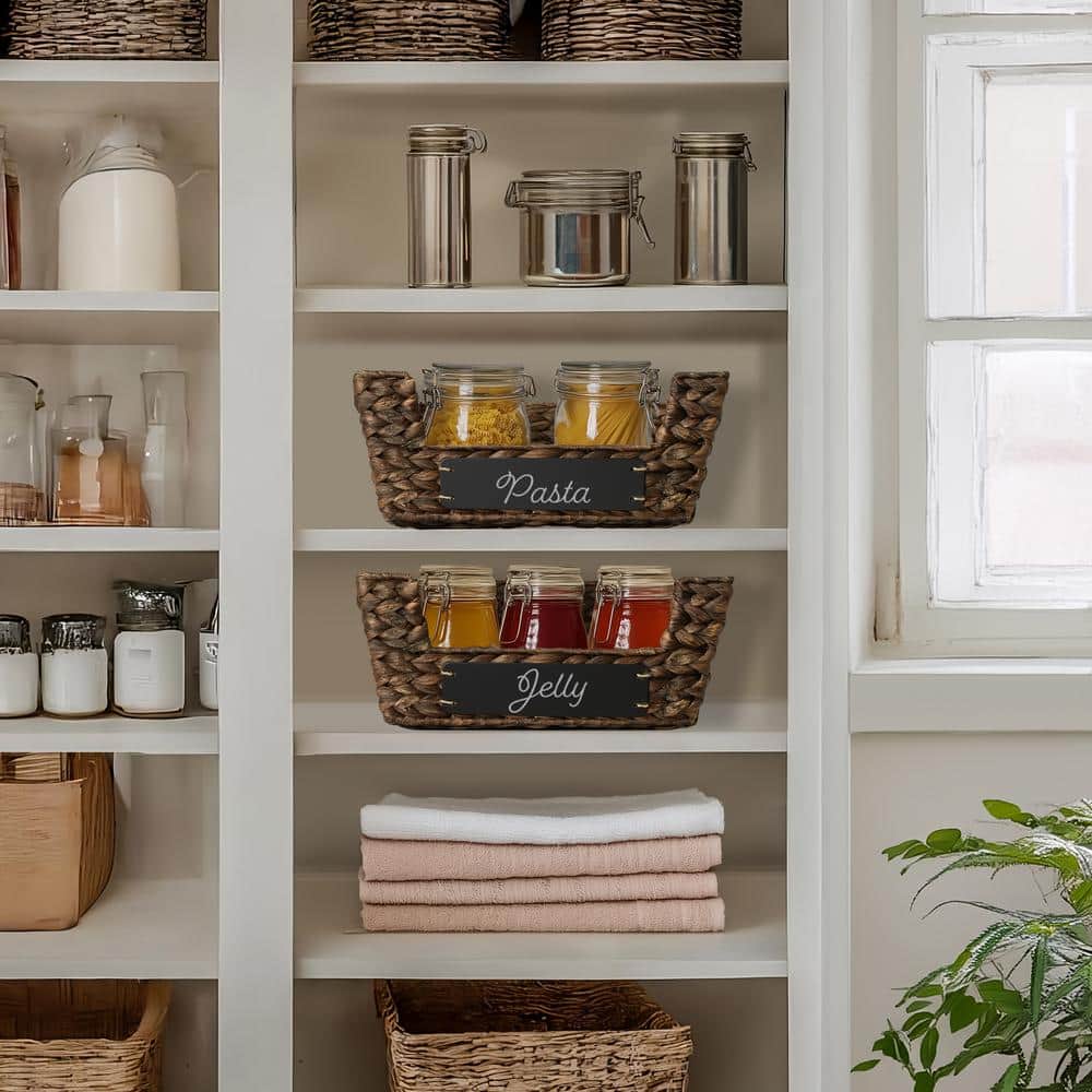 Espresso Water Hyacinth Rectangular Storage Baskets with Chalkboard Labels