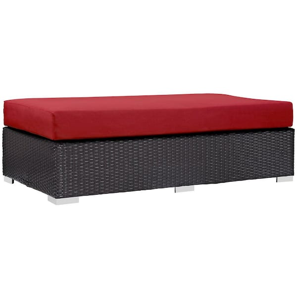 MODWAY Convene Wicker Outdoor Patio Fabric Rectangle Ottoman in Espresso with Red Cushion