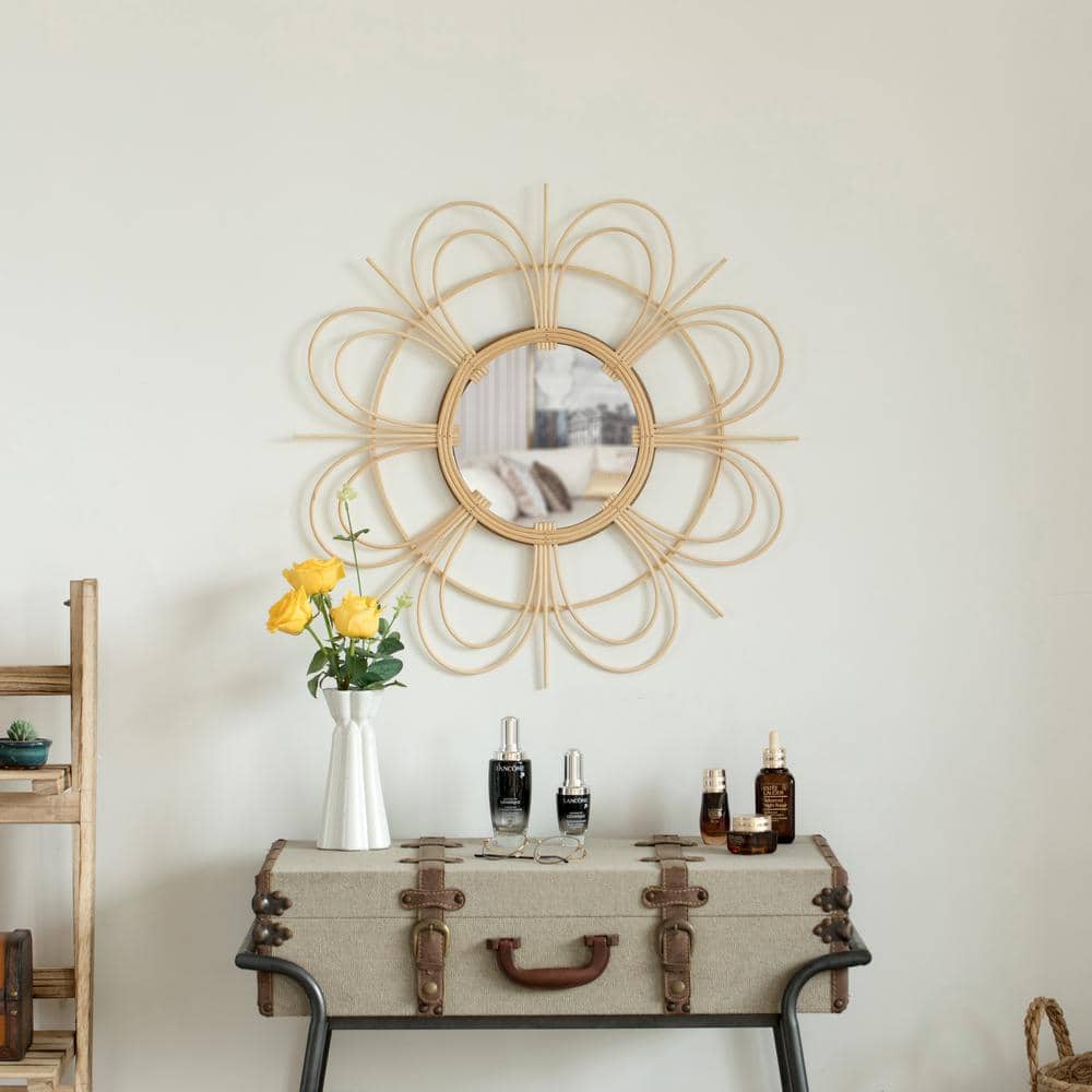 Flower Shape Woven Rattan Wood Round Sunburst Wall Mirror