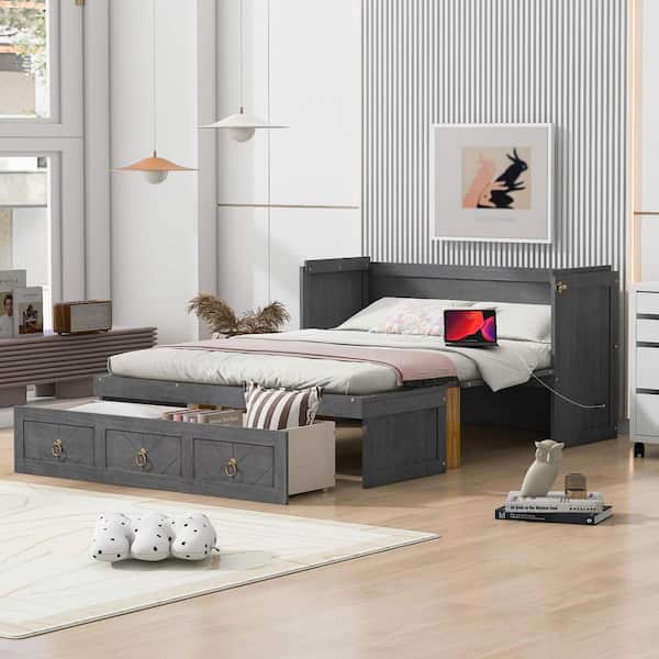 Gray Wood Frame Full Murphy Bed with USB Port and a Large Drawer