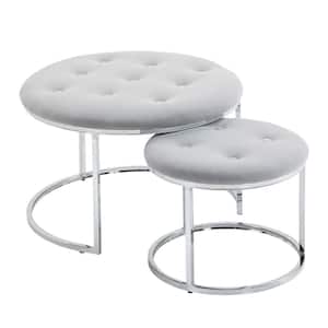 23 .5 in. Grey Round Metal Coffee Table Set of 2-Nesting End Tables Ottoman Stool with Metal Base Upholstered Button