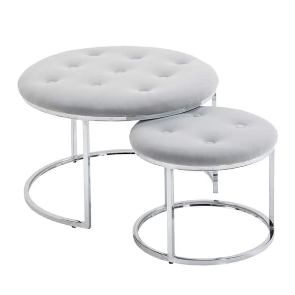 HOMCOM 23 .5 in. Grey Round Metal Coffee Table Set of 2-Nesting End Tables Ottoman Stool with Metal Base Upholstered Button