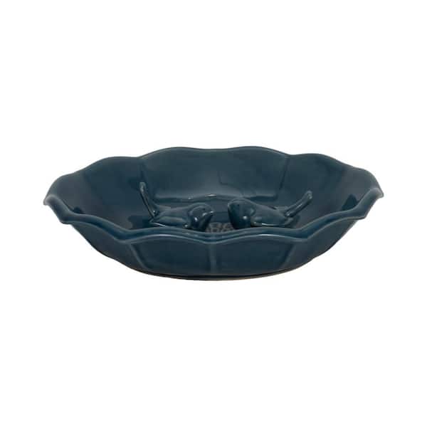 Blue 11 in. x 2 in. Stoneware Flower Bird Bath with Birds and Scalloped Edge