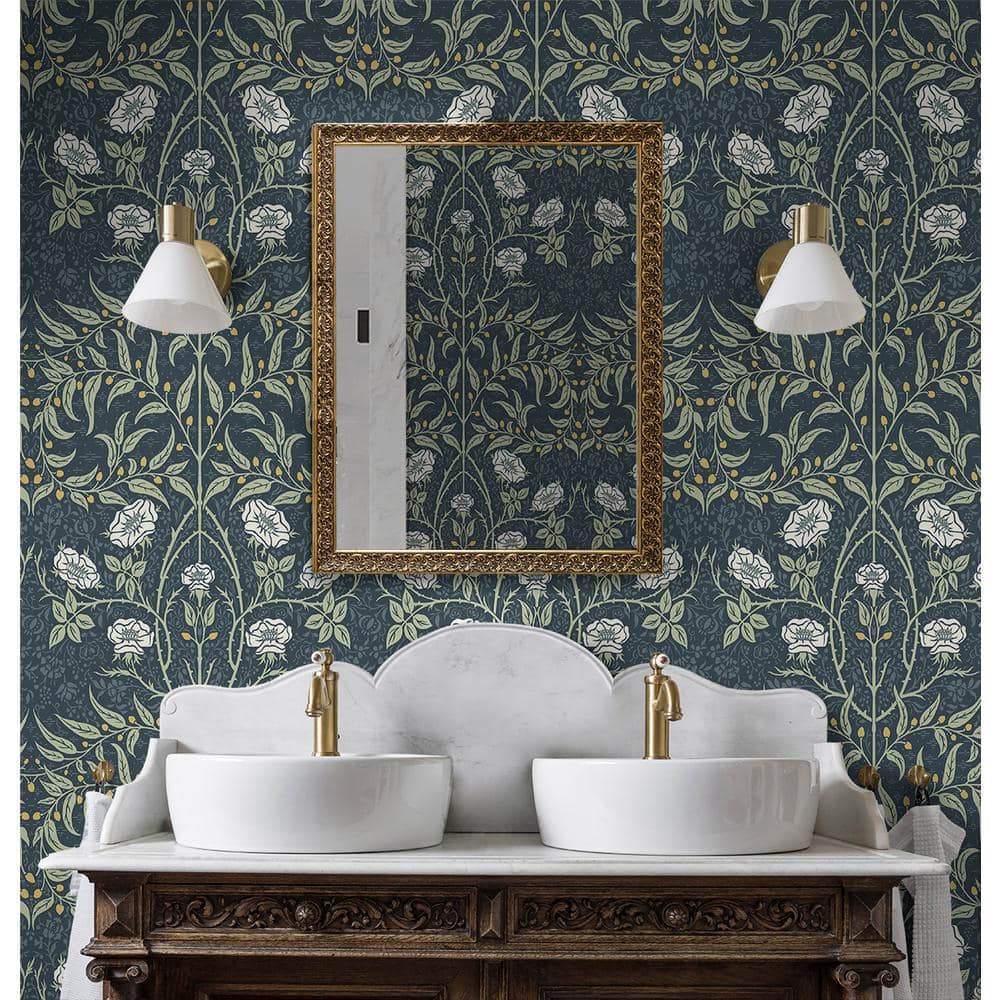 Navy and Sage Floral Peel and Stick Vinyl Wallpaper