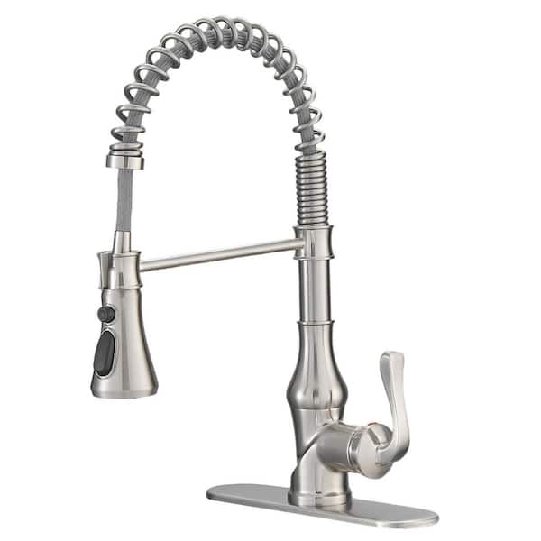BWE Single-Handle Pull-Down Sprayer 3 Spray High Arc Kitchen Faucet With Deck Plate in Brushed Nickel