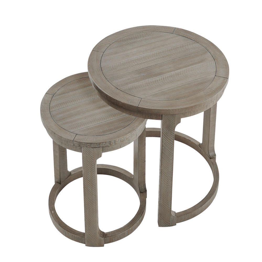 24.01" Set of 2 Nesting Coffee Tables, Light Brown Pine Wood Round Side Table Set with Curved Base for Living Room