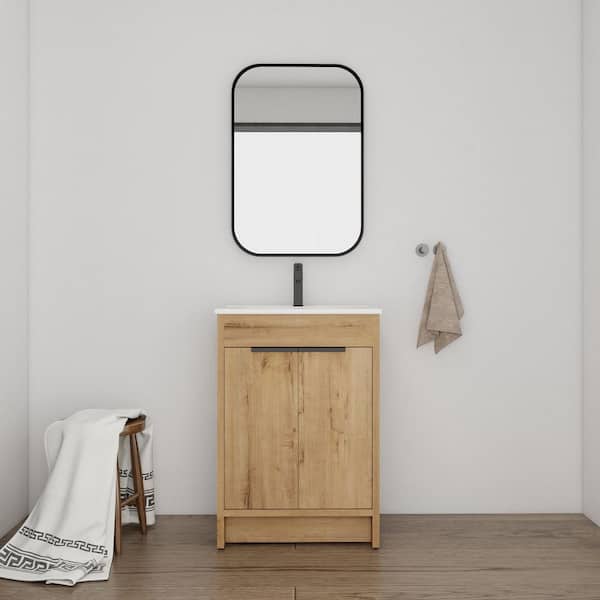 24 in. Freestanding Single Oak Bath Vanity with White Ceramic Top Unassembled