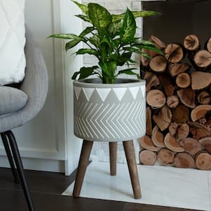 Mid-Century 12 in. Fiberglass Pot with Wood Stand Planter