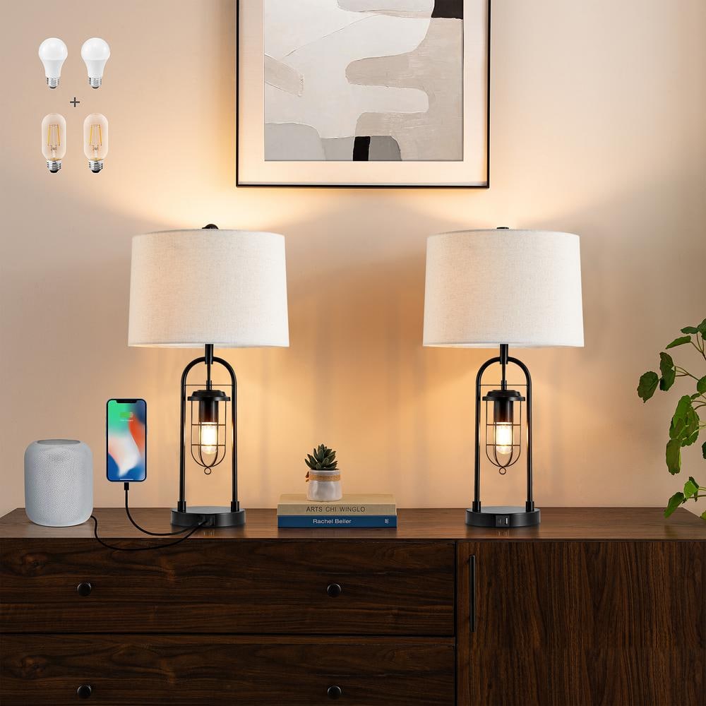 26" Bronze Industrial Table Lamps with USB Ports and Fabric Shades, Set of 2