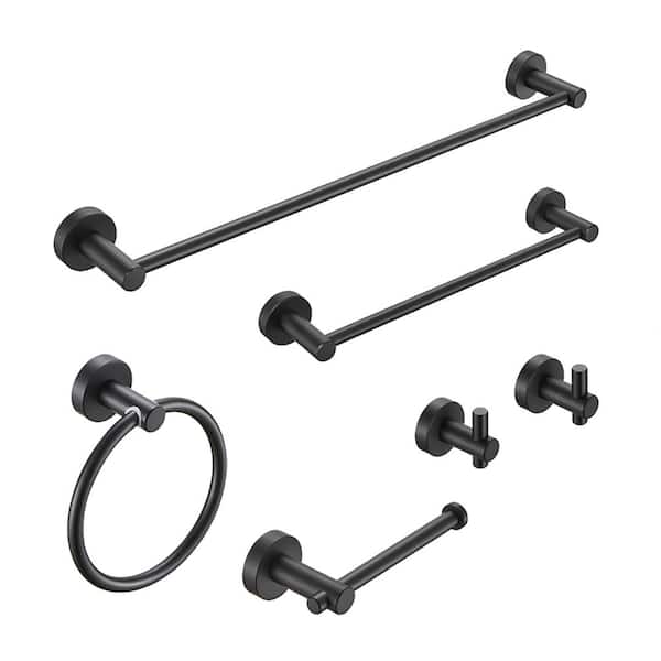 Bnuina Modern 6-Piece Bath Hardware Set with Towel Ring Toilet Paper Holder Towel Hook and Towel Bar in Matte Black