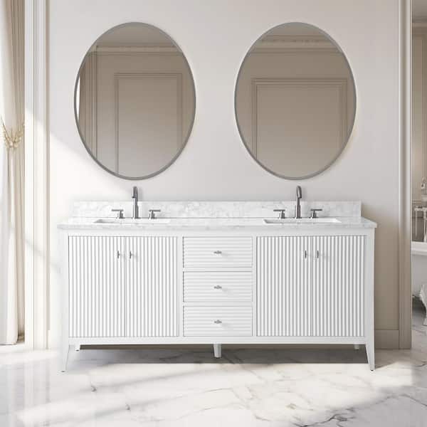 Vanity Art 72 in. W x 22 in D x 38 in. H Double Sink Bath Vanity Cabinet in Linear White with White Engineered Marble Top