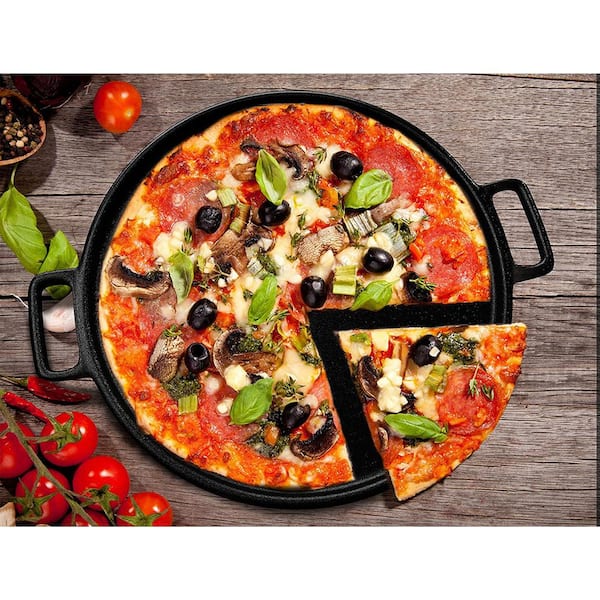 Max K 14-Inch Pizza Pan with Handles - Preseasoned Cast Iron Cooking Pan  for Baking, Roasting, Frying - Black