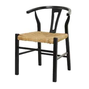 Black Handmade Teak Wood Dining Chair with Woven Seagrass Seat