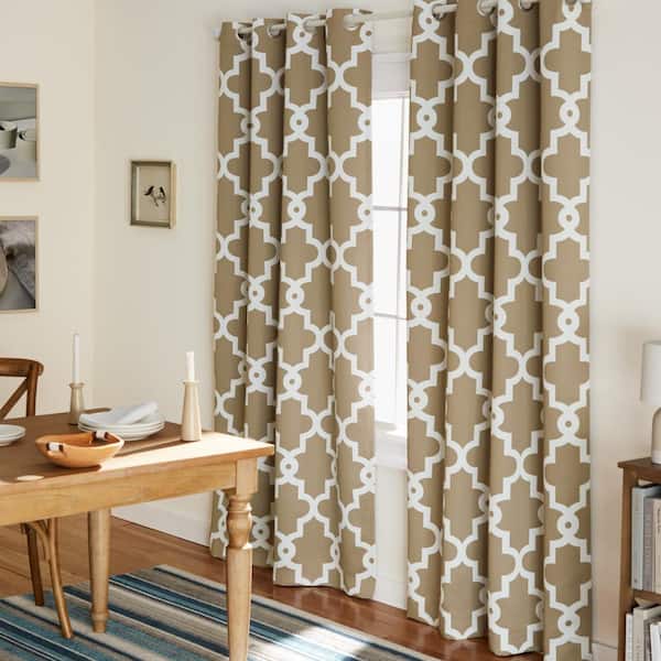 EXCLUSIVE HOME Ironwork Taupe Woven Trellis 52 in. W x 96 in. L Noise Cancelling Thermal Grommet Blackout Curtain (Set of 2)